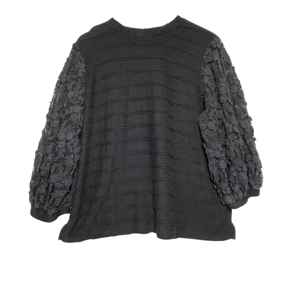 ANTHROPOLOGIE ERI + ALI Women’s Boho Black Mixed Media Puff Sleeve Top - Picture 4 of 4